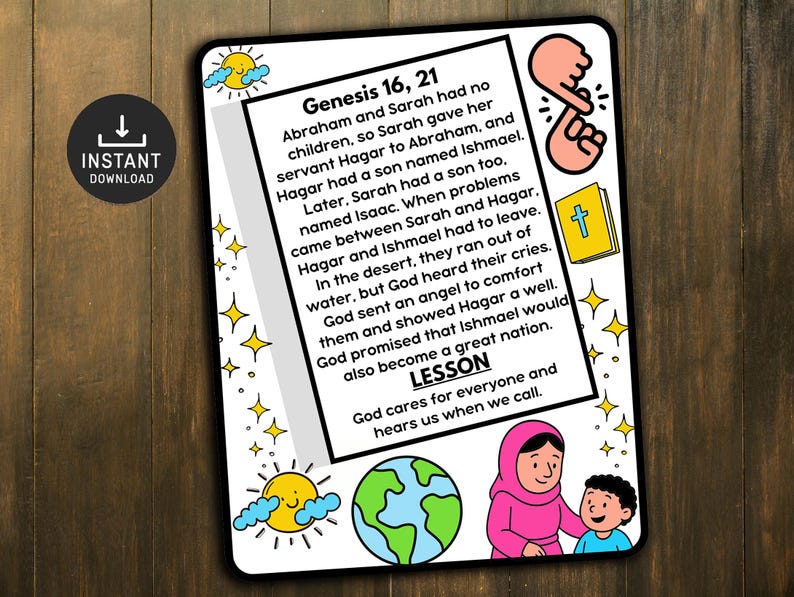 Pode incluir: Um cart&atilde;o de li&ccedil;&atilde;o b&iacute;blica ilustrado colorido com o texto "G&eacute;nesis 16, 21". O cart&atilde;o apresenta ilustra&ccedil;&otilde;es de um sol, um globo, um livro e pessoas. O texto descreve uma hist&oacute;ria b&iacute;blica sobre Abra&atilde;o, Sara e seus filhos.