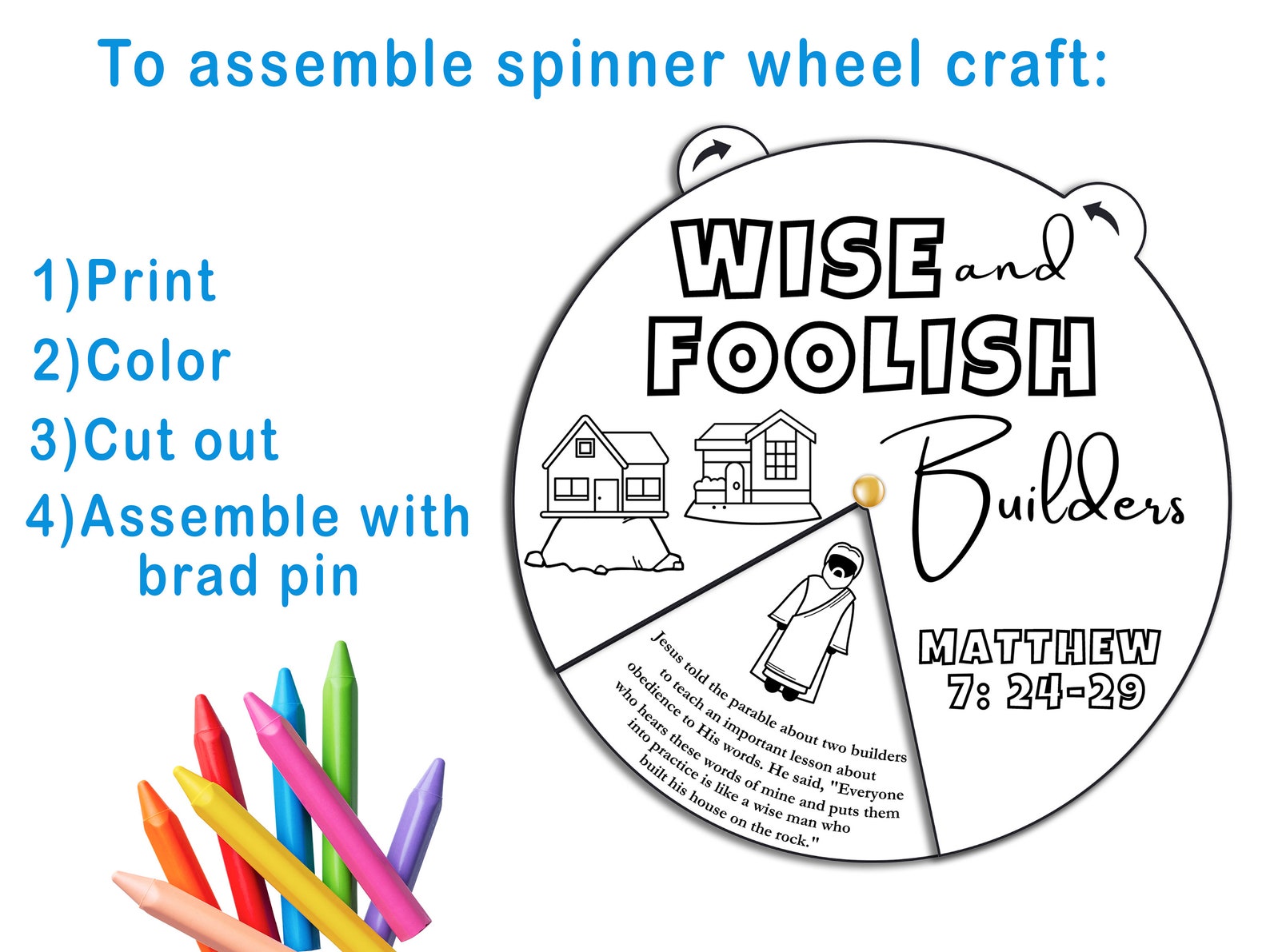 Wise and Foolish Builders Coloring Wheel, Printable Bible Activity ...
