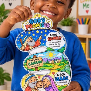 May include: A die-cut paper craft titled God's Promises shaped like the number three, featuring colorful illustrations of biblical scenes including Abraham, the land of Canaan, and Isaac, with text references to Genesis 15:5, 12:7, and 21:1-3.