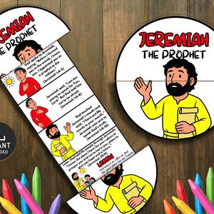 May include: A colorful educational printable featuring the text "Jeremiah the Prophet" and illustrations. The design includes a circular element and a segmented piece with Bible verses and cartoon figures. Colored pencils are scattered around the image.
