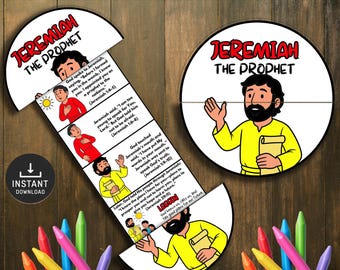 May include: An educational printable with the text "Jeremiah the Prophet" and illustrations. The design includes a circular element and a segmented piece with Bible verses and cartoon figures. The image is surrounded by colored pencils.