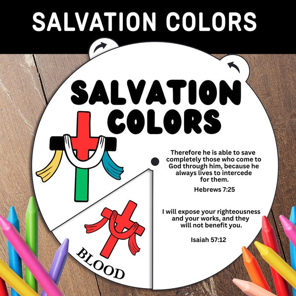 Salvation Coloring Wheel, Printable Bible Verse Activity, Watercolor, Kids Bible Lesson, Memory Game, Sunday School, Salvation Colors