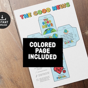 May include: A printable craft activity for kids to make a cube with the words "The Good News" on it. The cube has different images and text on each side, including a heart with a heartbeat line and the words "should not perish".