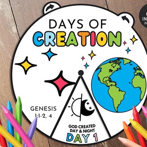 Days of Creation Coloring Wheel, Bible Activity, Kids Bible Lesson, Memory Game, Sunday School, Coloring spinner, Bible story wheel