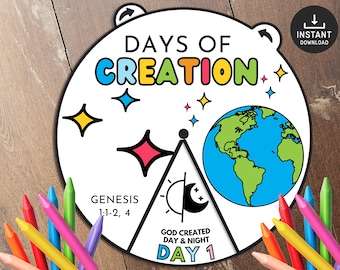 Days of Creation Coloring Wheel, Bible Activity, Kids Bible Lesson, Memory Game, Sunday School, Coloring spinner, Bible story wheel