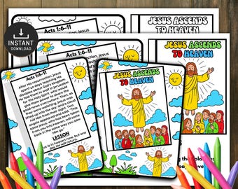 Peut inclure: Pages à colorier imprimables avec le texte "Jésus monte au ciel" et "Actes 1:6-11". Les illustrations représentent Jésus montant, entouré de nuages, de soleils et de personnes. Les pages sont destinées aux enfants.