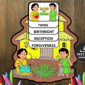 Può includere: Un'illustrazione colorata che raffigura una scena biblica con il testo "Giacobbe ed Esaù" e temi correlati. L'immagine presenta due figure, una casa ed etichette di testo come "Gemelli" e "Perdono". Un'icona di download è visibile.