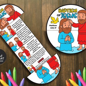 May include: An illustrated educational resource about the Baptism of Jesus, featuring a circular design and a curved strip with sequential illustrations and text from Matthew 3:13-17. The image includes the words "Instant Download".