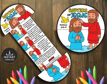 May include: A colorful, illustrated educational resource about the Baptism of Jesus. The image features a circular design and a long, curved strip with sequential illustrations and text from Matthew 3:13-17. Includes the words "Instant Download".