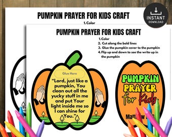 Op de afbeelding: Een printbaar knutselwerk met de titel "Pompoengebed voor kinderen" met instructies en een pompoenontwerp. Het ontwerp bevat een gebed, een pompoenvorm en kleurpotloden.