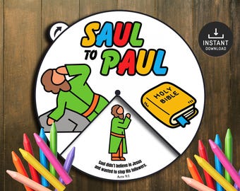 Målarhjulet Saul till Paulus, utskrivbar bibelaktivitet, bibellektion för barn, minnesspel, söndagsskola, målarhjulet, pyssel med Saul till Paulus