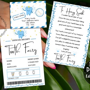 Mini juego de hada de los dientes imprimible azul con sobre, recibo y carta de hada, descarga instantánea y juego de hada de los dientes totalmente editable, enlace Canva