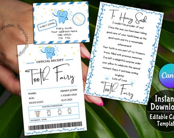 Printable Mini Tooth Fairy Set Blue with envelope, receipt and fairy letter, Instant Download and fully editable tooth fairy set, Canva link