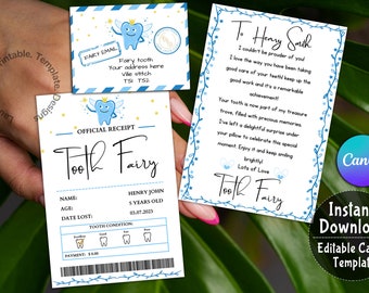 Druckbares Mini Zahnfee Set Blau mit Umschlag, Quittung und Elfenbrief, Sofort Download und voll editierbares Zahnfee Set, Canva link