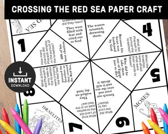 May include: A printable paper craft activity for kids about the story of Moses and the Israelites crossing the Red Sea. The craft is a foldable cube with questions and answers about the story. The cube is black and white and has a picture of Moses and the Israelites on it.