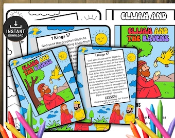 Minilibro "Elías alimentado por los cuervos", lección bíblica para niños, escuela dominical, actividad con historia bíblica, actividades dominicales, actividad para niños en la iglesia, manualidad de Elías
