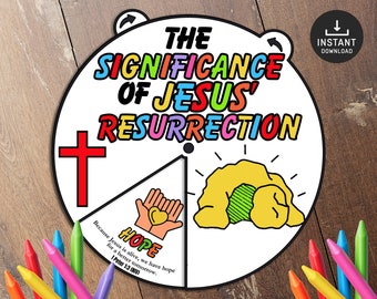 Peut inclure: Une page à colorier imprimable avec un cercle divisé en sections. Le centre du cercle dit "La signification de la résurrection de Jésus". Les sections comprennent une croix, un tombeau et une main tenant un cœur avec le mot "Espoir" et un verset biblique.