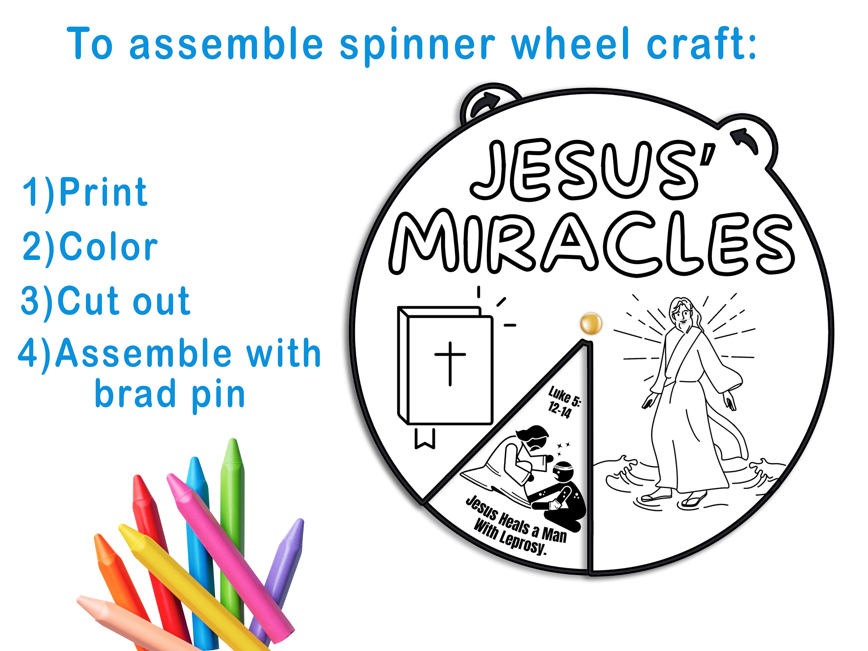 Jesus Miracles Coloring Wheel, Printable Bible Verse Activity, Kids