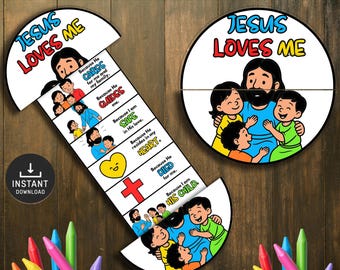 May include: A children's educational puzzle with the text "JESUS LOVES ME" and illustrations of Jesus with children. The puzzle includes phrases like "Because He cares for me" and "Because I am His child." A download icon is visible.