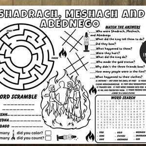Shadrach Meshach Abednego, Activity Placemat,  Bible activity, Sunday School, Bible Placemat, Church Kid Activity, Sunday School craft