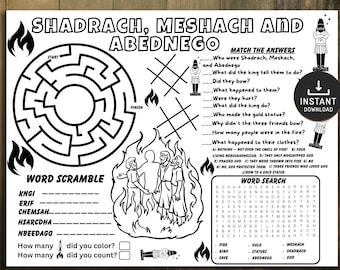 Può includere: Foglio di attività stampabile in bianco e nero con il testo "Sadrac, Mesac e Abed-nego". Include un labirinto, un miscuglio di parole, domande di corrispondenza e una ricerca di parole. Il foglio presenta illustrazioni di fiamme e figure.