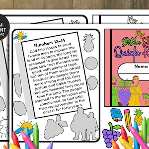 Puede incluir: Una hoja de actividades imprimible de la historia bíblica con el texto "Números 13-14" y "Mi lectura rápida de la historia bíblica". La hoja presenta ilustraciones de uvas, una piña y personas. El texto describe la historia de los doce espías.