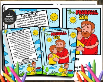 Puede incluir: Ilustración colorida de la historia del "Hijo Pródigo", que muestra a un padre abrazando a su hijo. La imagen incluye texto de Lucas 15:11-32, con una lección sobre el perdón. La obra de arte está rodeada de crayones de colores.