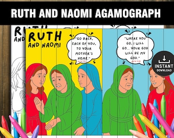 May include: A colorful agamograph titled "Ruth and Naomi" with illustrations of two women in various poses. The artwork features text bubbles with quotes from the Bible. The image includes a black banner with the title and a download icon.