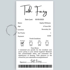 Editable Tooth Fairy Receipt Printable Certificate | First Tooth Lost | Realistic Tooth Fairy Letter | Kids Tooth Fairy Letter | Lost Tooth