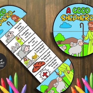 May include: A colorful, illustrated educational game with the text "A Good Shepherd..." features a shepherd, sheep, and Bible verses. The game is designed with a blue sky background and includes a download icon and colorful crayons.