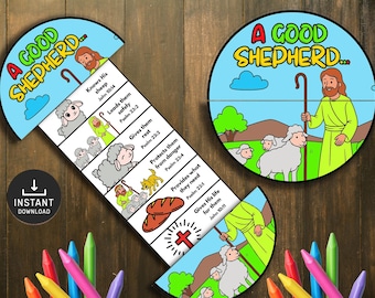 May include: A colorful, illustrated educational game with the text "A Good Shepherd..." features a shepherd, sheep, and Bible verses. The game is designed with a blue sky background and includes a download icon and colorful crayons.