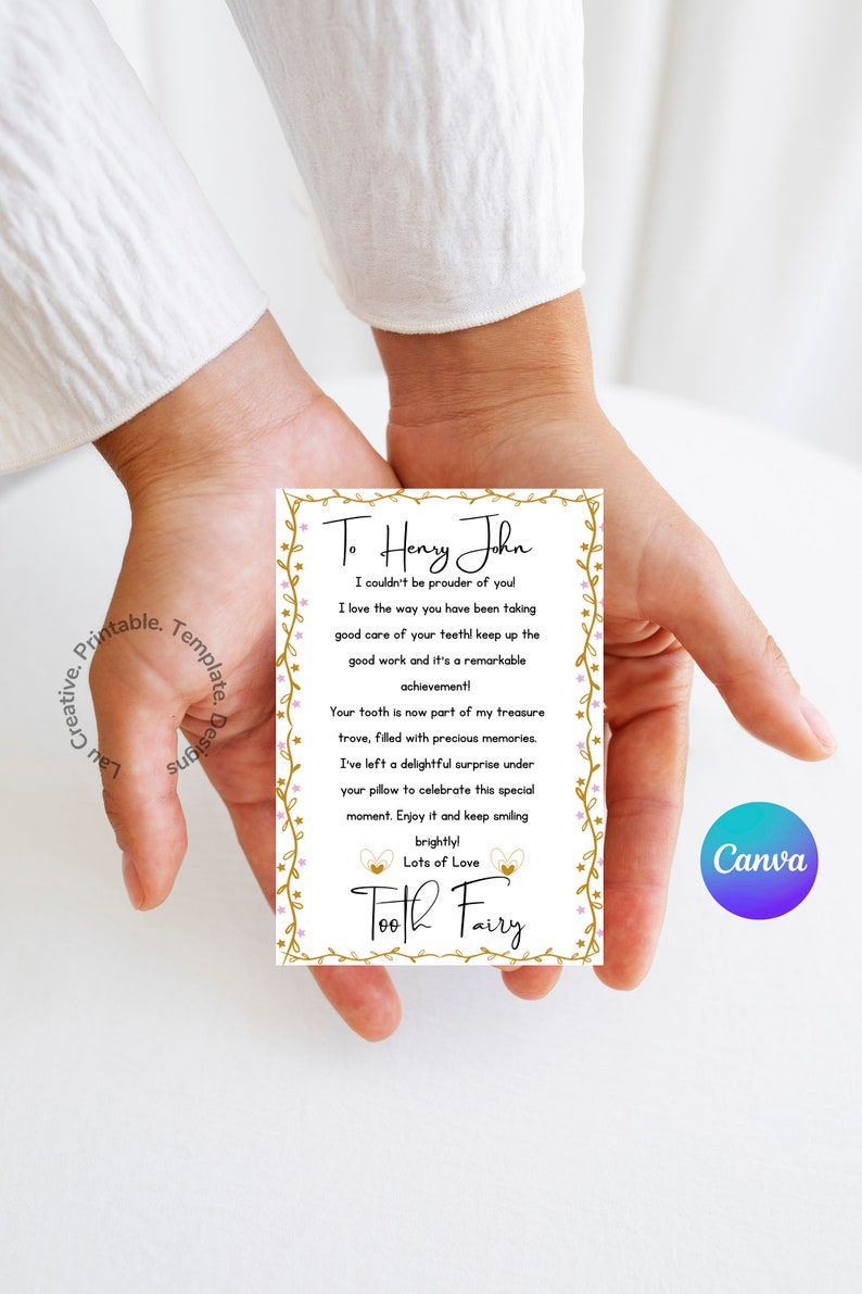 May include: A white card with gold and pink floral borders and gold lettering. The card reads "To Henry John I couldn't be prouder of you! I love the way you have been taking good care of your teeth! Keep up the good work and it's a remarkable achievement! Your tooth is now part of my treasure trove, filled with precious memories. I've left a delightful surprise under your pillow to celebrate this special moment. Enjoy it and keep smiling brightly! Lots of Love Tooth Fairy"