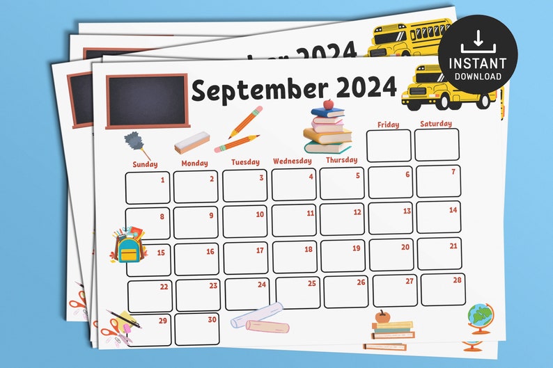May include: A printable September 2024 calendar featuring a school bus, books, pencils, and other school-themed illustrations. The calendar is designed for use in a classroom or home.