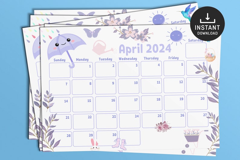 May include: Printable calendar for April 2024 featuring a cute purple umbrella, flowers, and other spring-themed illustrations. The calendar is designed in a light purple and white colour scheme.