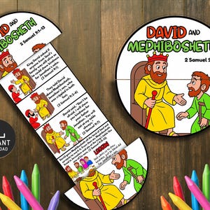 May include: A colorful illustrated Bible lesson featuring the story of David and Mephibosheth. The design includes a circular image and a segmented strip with text and illustrations. The text includes "Instant Download".