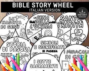 May include: Black and white printable Bible story wheel with eight different sections. Each section features a different Bible story, including the birth of Jesus, the Last Supper, the Holy Trinity, the story of Easter, symbols and meanings of Easter, the seven sacraments, and the miracles of Jesus. The wheel is designed to be colored in.