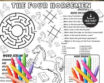 The Four Horsemen Activity Pages, Bible activities, Church Kids Activity, Sunday School Activities, Coloring Placemat, Bible Placemat