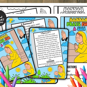 Può includere: Un set di schede di studio biblico stampabili con il titolo "Anna prega per un figlio". Le schede presentano illustrazioni di Anna che prega, un bambino e il testo di 1 Samuele. L'immagine include una varietà di pastelli colorati.