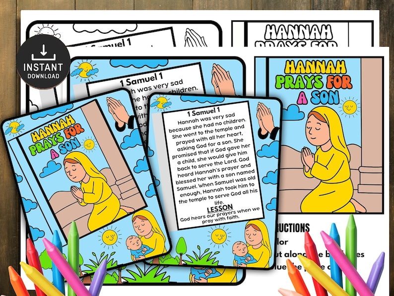 Peut inclure: Ensemble de cartes d'&eacute;tude biblique imprimables avec le titre "Hannah prie pour un fils". Les cartes pr&eacute;sentent des illustrations de Hannah priant, un b&eacute;b&eacute; et du texte de 1 Samuel. L'image comprend une vari&eacute;t&eacute; de crayons de couleur.