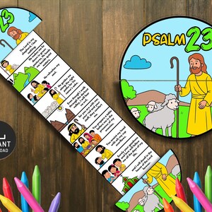 Może przedstawiać: Kolorowa, ilustrowana grafika Psalmu 23, przedstawiająca pasterza z owcami i narracją krok po kroku. Projekt zawiera tekst "Psalm 23" i jest uzupełniony zestawem kolorowych kredek, idealnych do celów edukacyjnych.