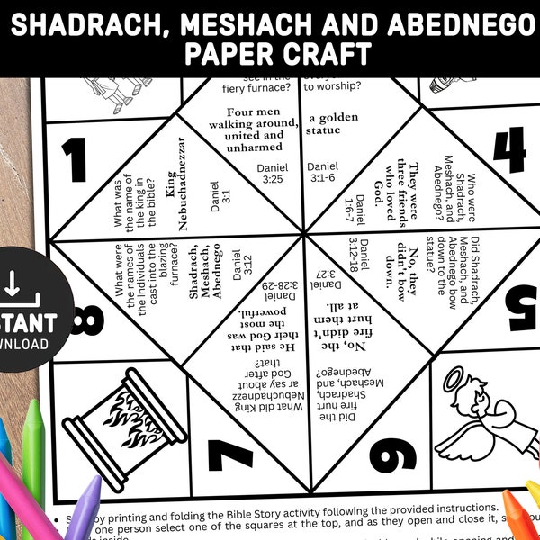 Shadrach Meshach Abednego, Bible Story Activity,  Fiery Furnace, Sunday school craft, Printable paper craft, Fortune Teller, Cootie Catcher