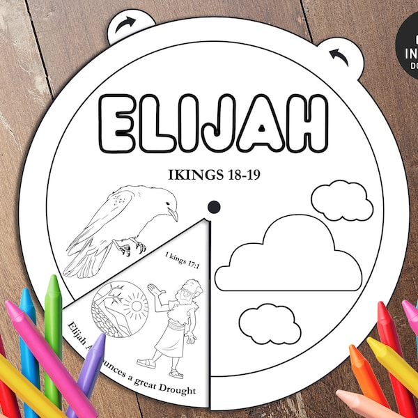 Elijah Coloring Wheel, Printable Bible Verse Activity, Watercolor, Kids Bible Lesson, Memory Game, Sunday School