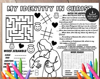 Identity in Christ Activity Placemat, Bible activity, Sunday School, Bible Placemat, Church Kid Activity, Sunday School craft, Bible craft