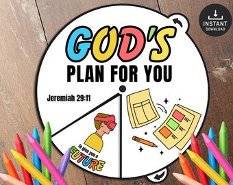May include: A colorful printable wheel with the text "God's Plan for You" and the Bible verse Jeremiah 29:11. The wheel is divided into four sections with illustrations of a person wearing virtual reality goggles, a book, a notebook, and a pencil.