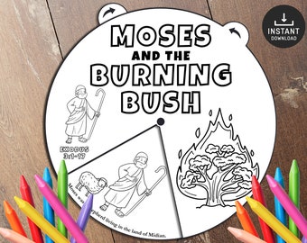 May include: Black and white coloring page featuring Moses and the burning bush. The page includes the text "Moses and the Burning Bush", "Exodus 3:1-17", and "Moses was a shepherd living in the land of Midian."