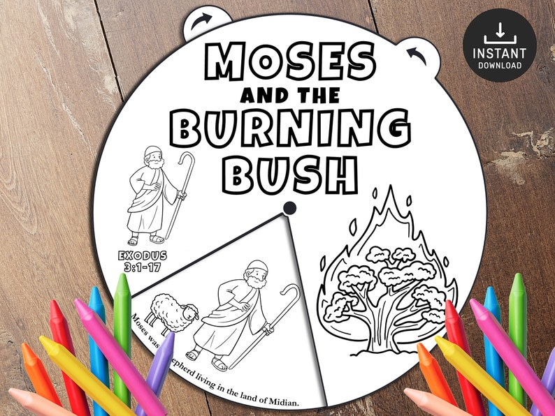 Rueda para colorear de Moisés y la zarza ardiente, Actividad bíblica imprimible, Lección bíblica ...