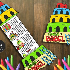 May include: Colorful Tower of Babel paper craft with text from Genesis 11:1-9. The craft features a multi-tiered tower design in red, blue, yellow, and green, with ladders and illustrations of people. Includes the words "INSTANT DOWNLOAD".