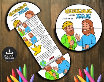 Manualidad de la historia bíblica "Nicodemo se encuentra con Jesús", lección bíblica para niños, manualidad para la escuela dominical, actividad de la iglesia para niños, Nicodemo, minilibro