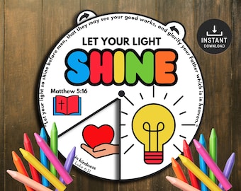Let Your Light Shine Coloring Wheel, Sunday School Craft, Great Commission, Jesus Craft for Kids, Bible Lesson, Bible Craft, Memory Game