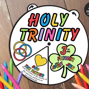 Rueda para colorear de la Santísima Trinidad, Actividad bíblica del trébol, Lección bíblica imprimible para niños de Mateo 28:19, Manualidad para la escuela dominical del Día de San Patricio